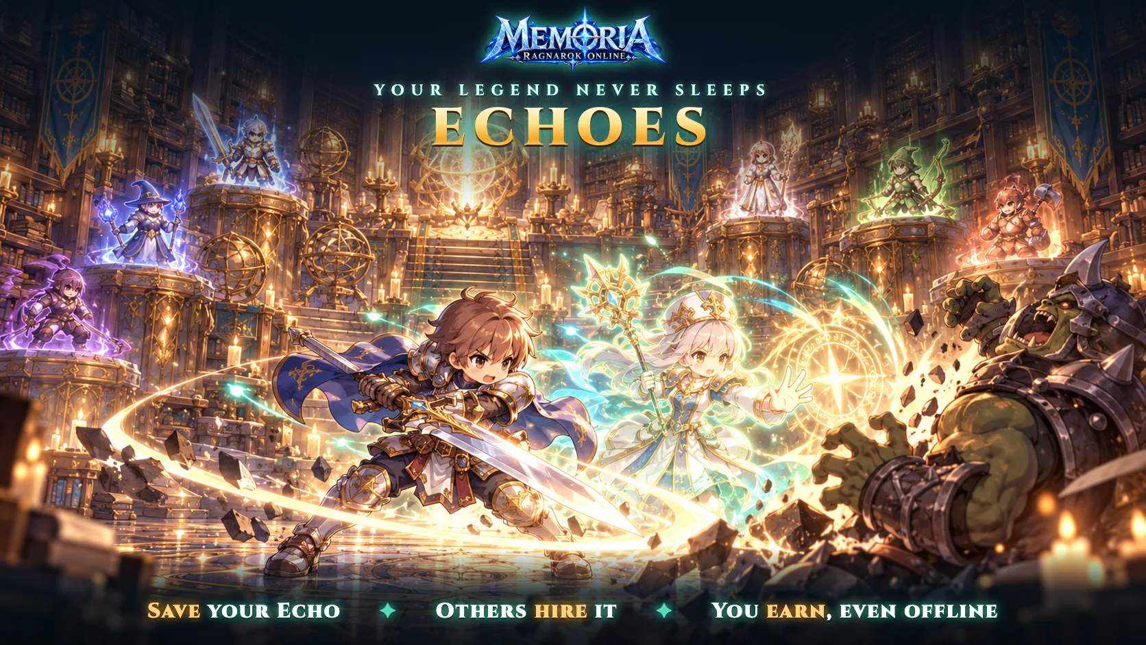 A young knight and his glowing Echo strike an orc together in the Hall of Echoes