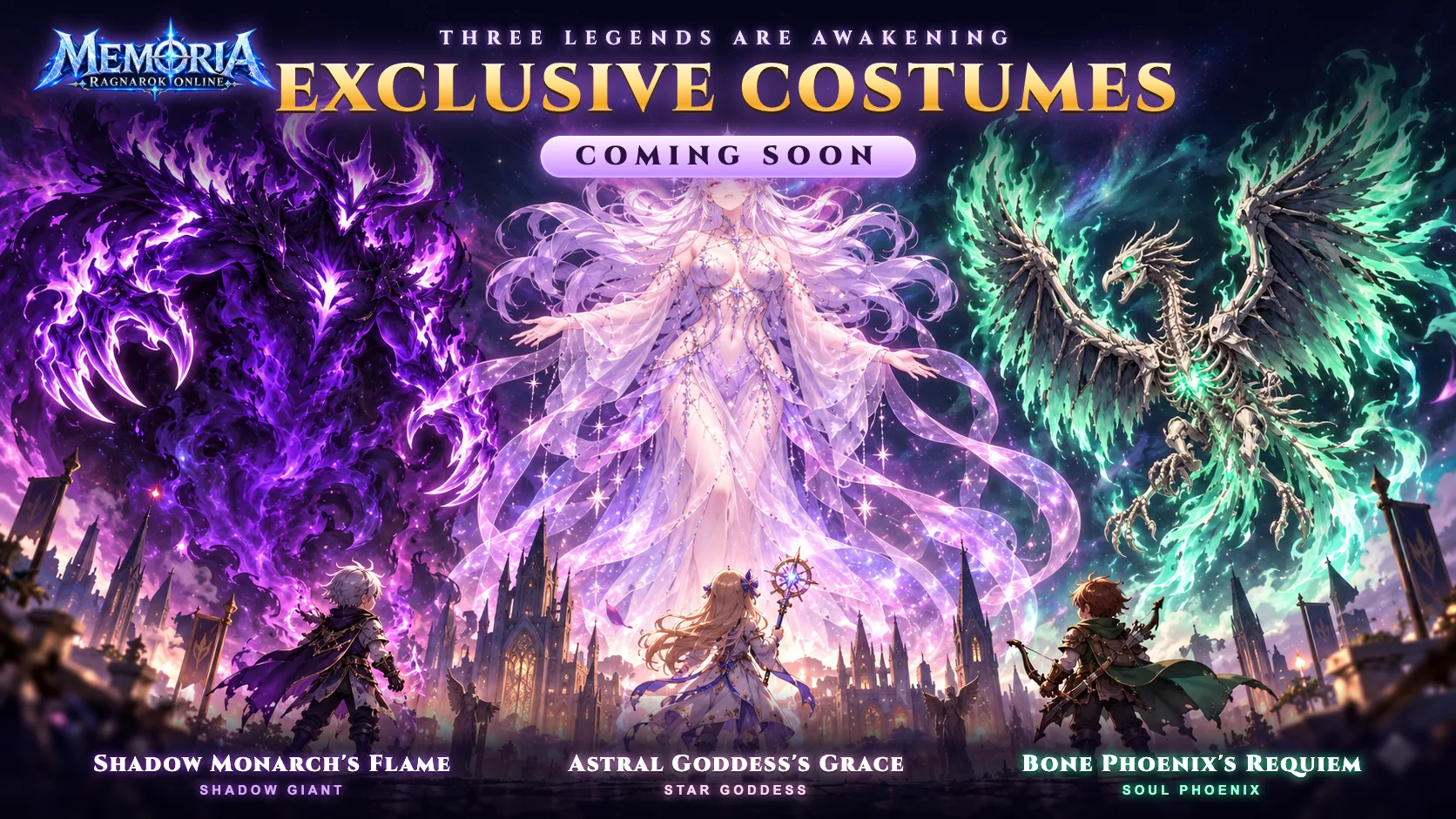 The Shadow Monarch's Flame, the Astral Goddess's Grace and the Bone Phoenix's Requiem hovering over Prontera