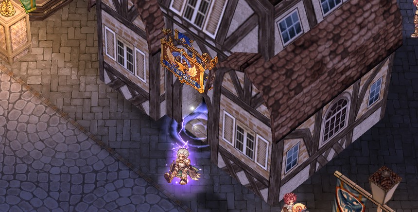 A player sitting at the door of the Hall of Ascension in Prontera at night, under its golden signboard, lit by the remastered lamp lighting