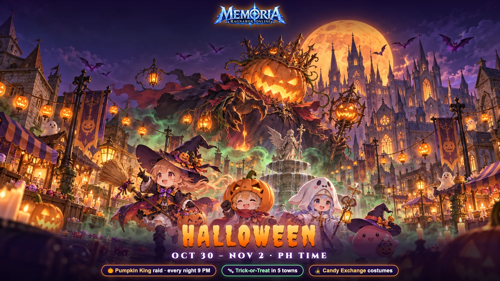 The Pumpkin King looming over a Halloween-decorated Prontera at night
