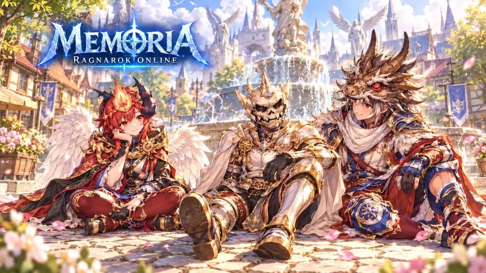 MemoriaRO key art: three adventurers resting in Prontera plaza