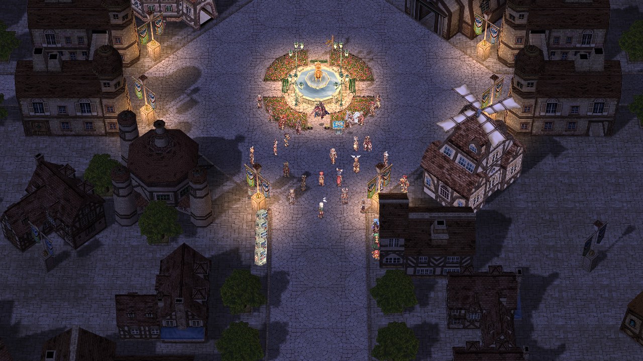 Prontera at night with remastered lighting: a darker moonlit street with warm lamp light